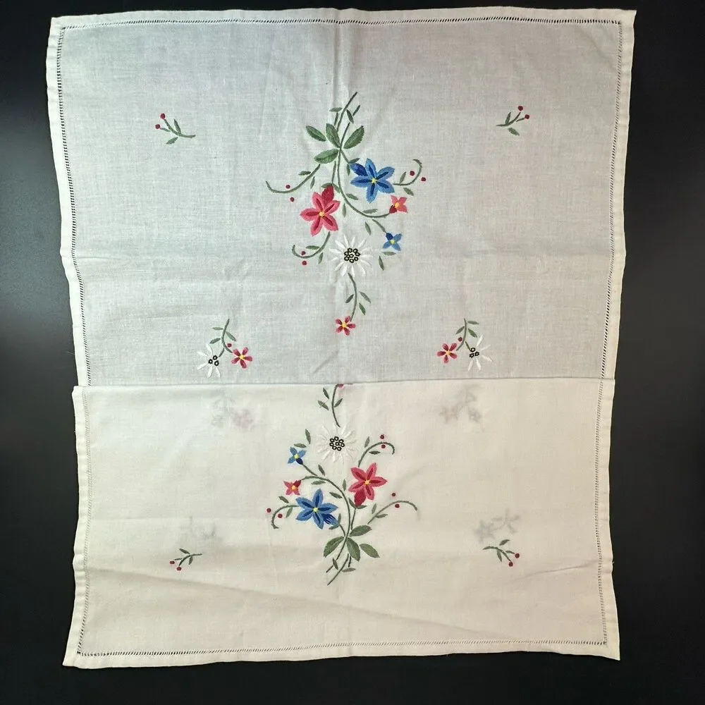 Vintage Hand Embroidered Table Runner White Cotton Floral Hemstitched 34x15.5